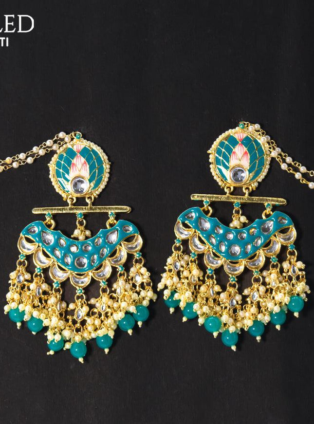 Dangler earrings teal blue with hangings and pearl maatal - {{ collection.title }} by Prashanti Sarees