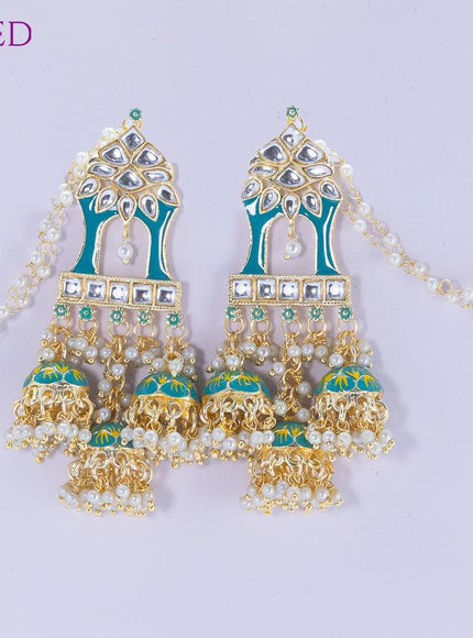 Dangler earrings teal blue with hangings and pearl maatal - {{ collection.title }} by Prashanti Sarees