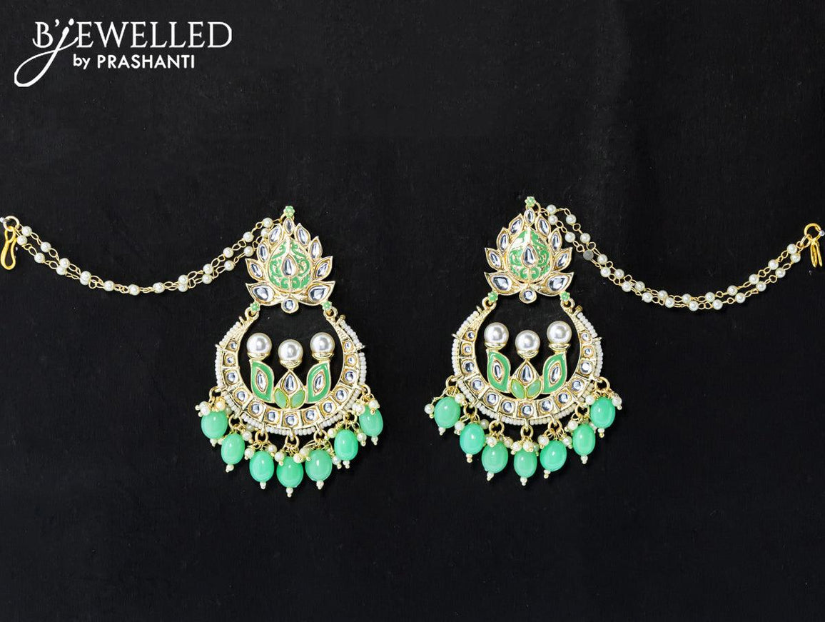 Dangler earrings teal green with hangings and pearl maatal - {{ collection.title }} by Prashanti Sarees