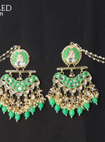 Dangler earrings teal green with hangings and pearl maatal - {{ collection.title }} by Prashanti Sarees