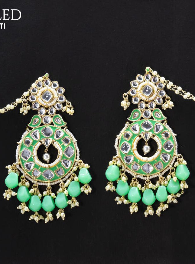 Dangler earrings teal green with hangings and pearl maatal - {{ collection.title }} by Prashanti Sarees