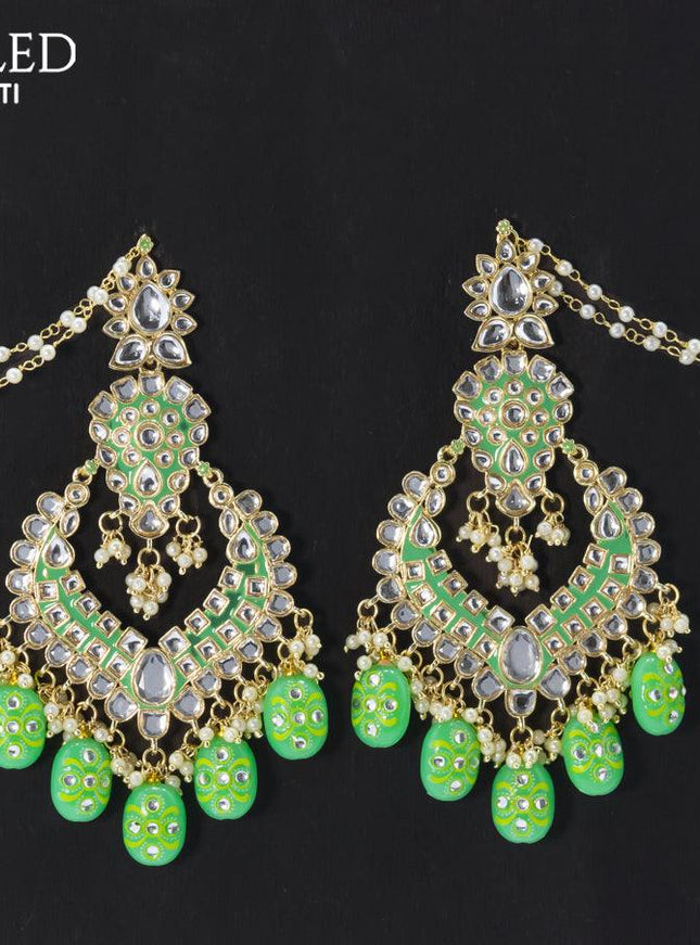 Dangler earrings teal green with hangings and pearl maatal - {{ collection.title }} by Prashanti Sarees