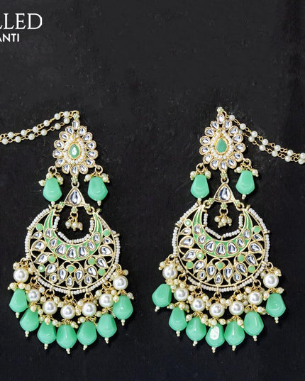 Dangler earrings teal green with hangings and pearl maatal - {{ collection.title }} by Prashanti Sarees