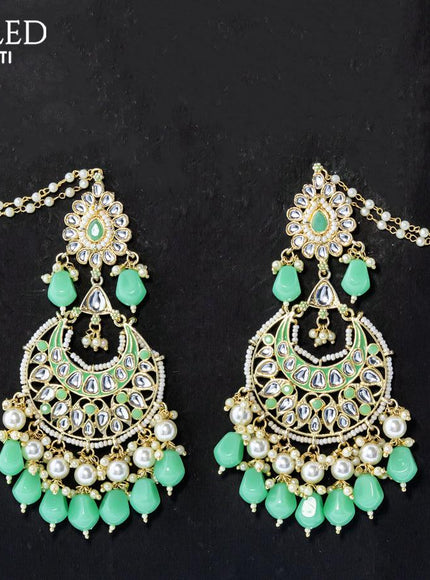 Dangler earrings teal green with hangings and pearl maatal - {{ collection.title }} by Prashanti Sarees
