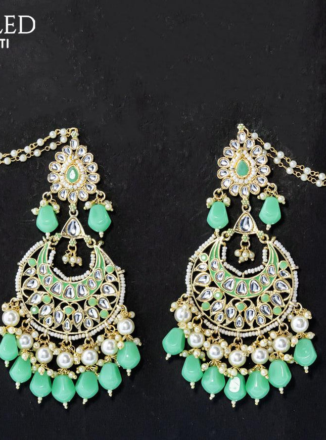 Dangler earrings teal green with hangings and pearl maatal - {{ collection.title }} by Prashanti Sarees