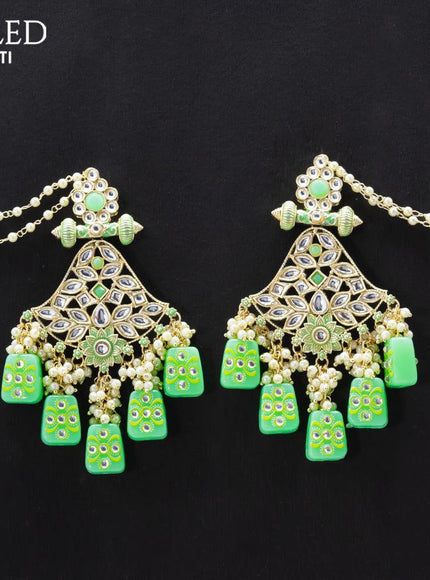 Dangler earrings teal green with pearl hangings and pearl maatal - {{ collection.title }} by Prashanti Sarees