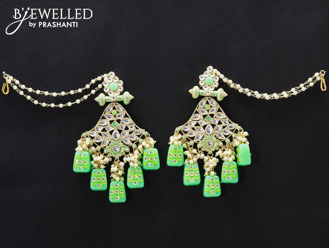 Dangler earrings teal green with pearl hangings and pearl maatal - {{ collection.title }} by Prashanti Sarees