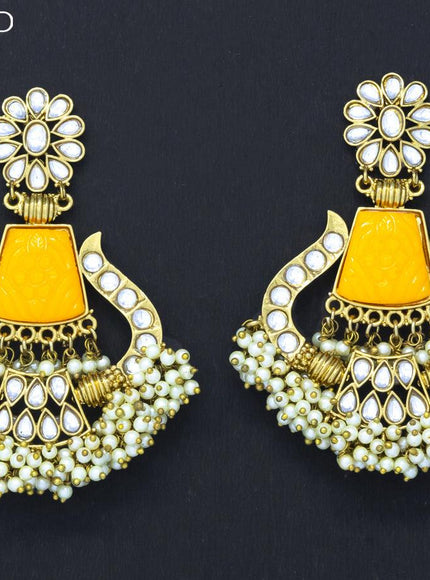 Dangler earrings yellow and cz stone with pearl hangings - {{ collection.title }} by Prashanti Sarees