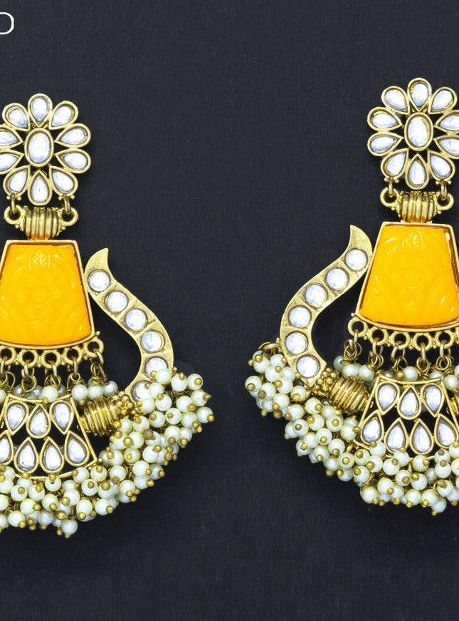Dangler earrings yellow and cz stone with pearl hangings - {{ collection.title }} by Prashanti Sarees