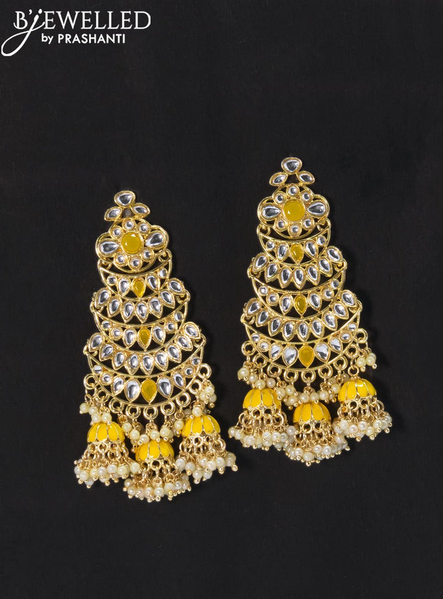 Dangler earrings yellow and kundan stone with pearl maatal - {{ collection.title }} by Prashanti Sarees