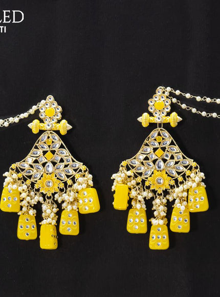 Dangler earrings yellow with pearl hangings and pearl maatal - {{ collection.title }} by Prashanti Sarees