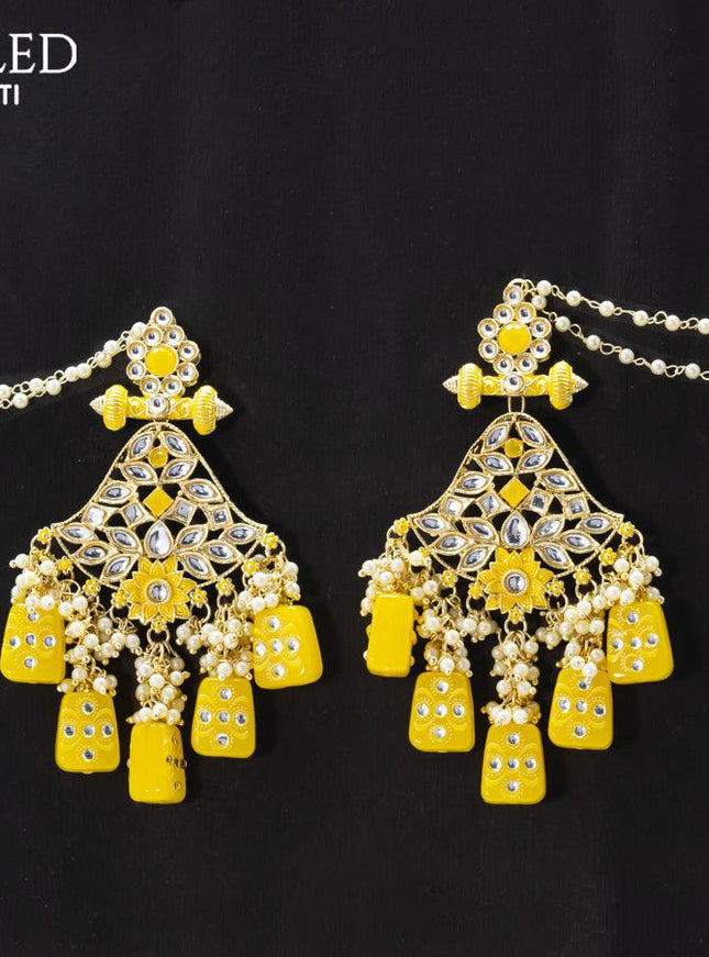 Dangler earrings yellow with pearl hangings and pearl maatal - {{ collection.title }} by Prashanti Sarees