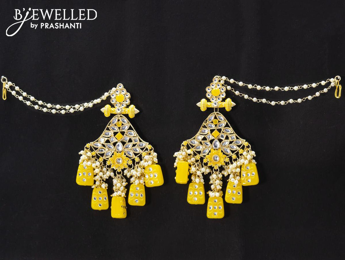 Dangler earrings yellow with pearl hangings and pearl maatal - {{ collection.title }} by Prashanti Sarees