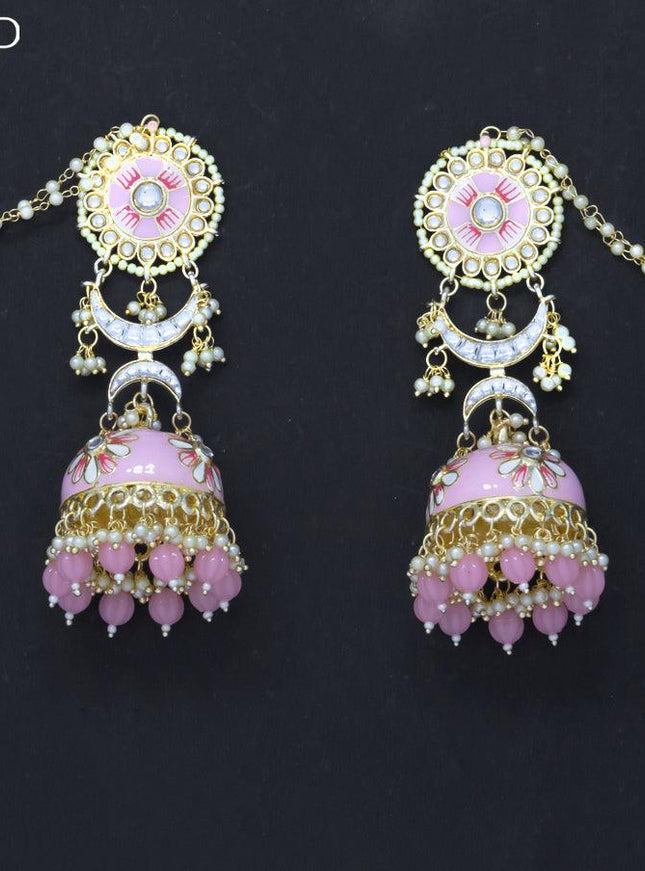 Dangler jhumkas baby pink with hangings and pearl maatal - {{ collection.title }} by Prashanti Sarees