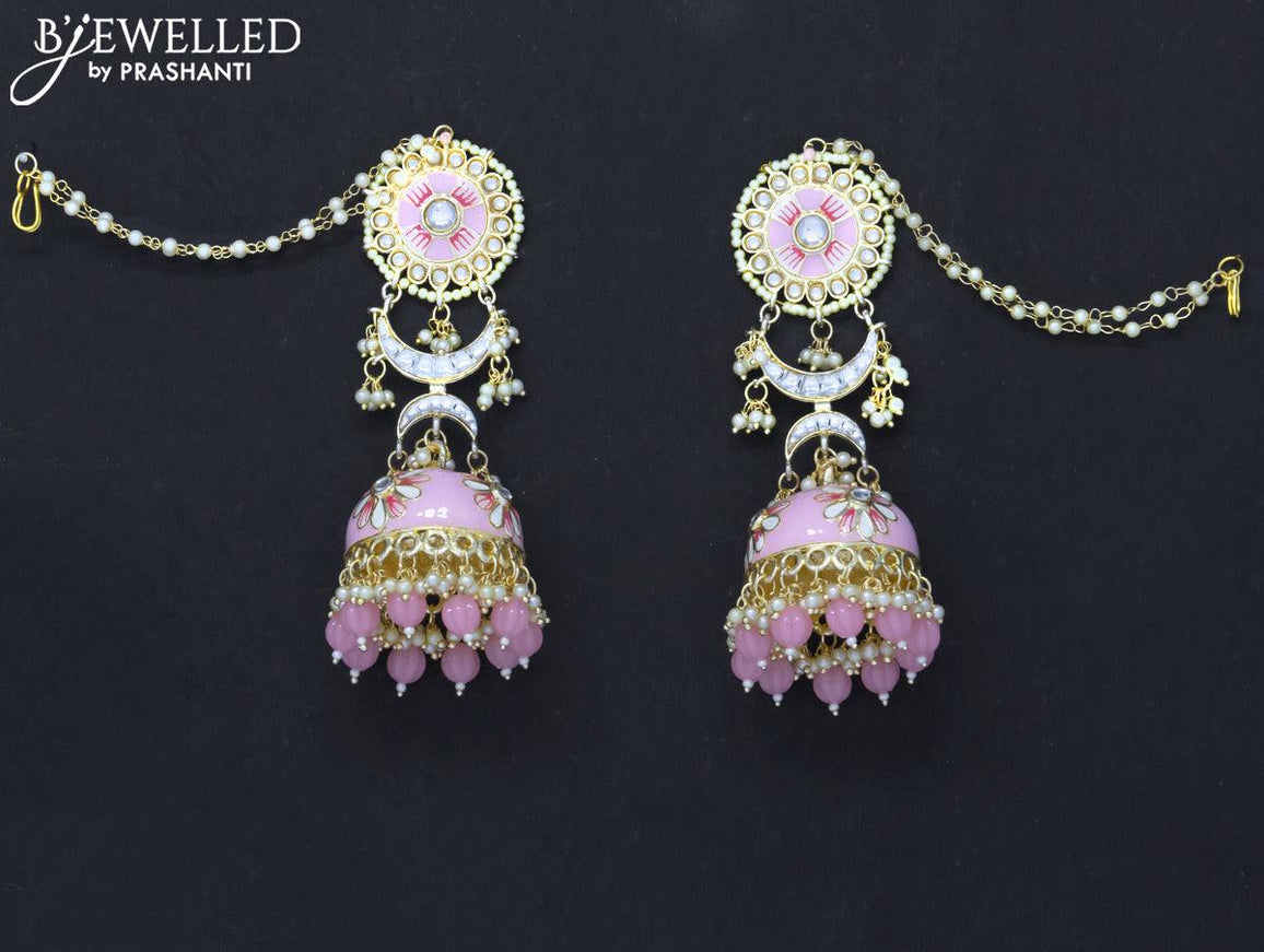 Dangler jhumkas baby pink with hangings and pearl maatal - {{ collection.title }} by Prashanti Sarees