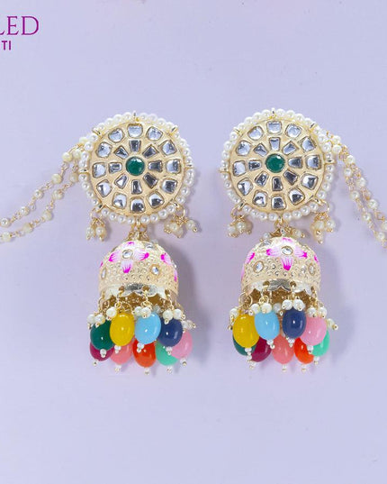 Dangler jhumkas cream and multicolour bead hangings with pearl maatal - {{ collection.title }} by Prashanti Sarees