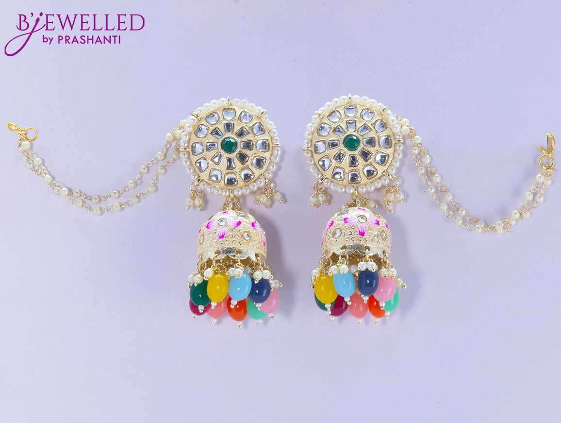 Dangler jhumkas cream and multicolour bead hangings with pearl maatal - {{ collection.title }} by Prashanti Sarees