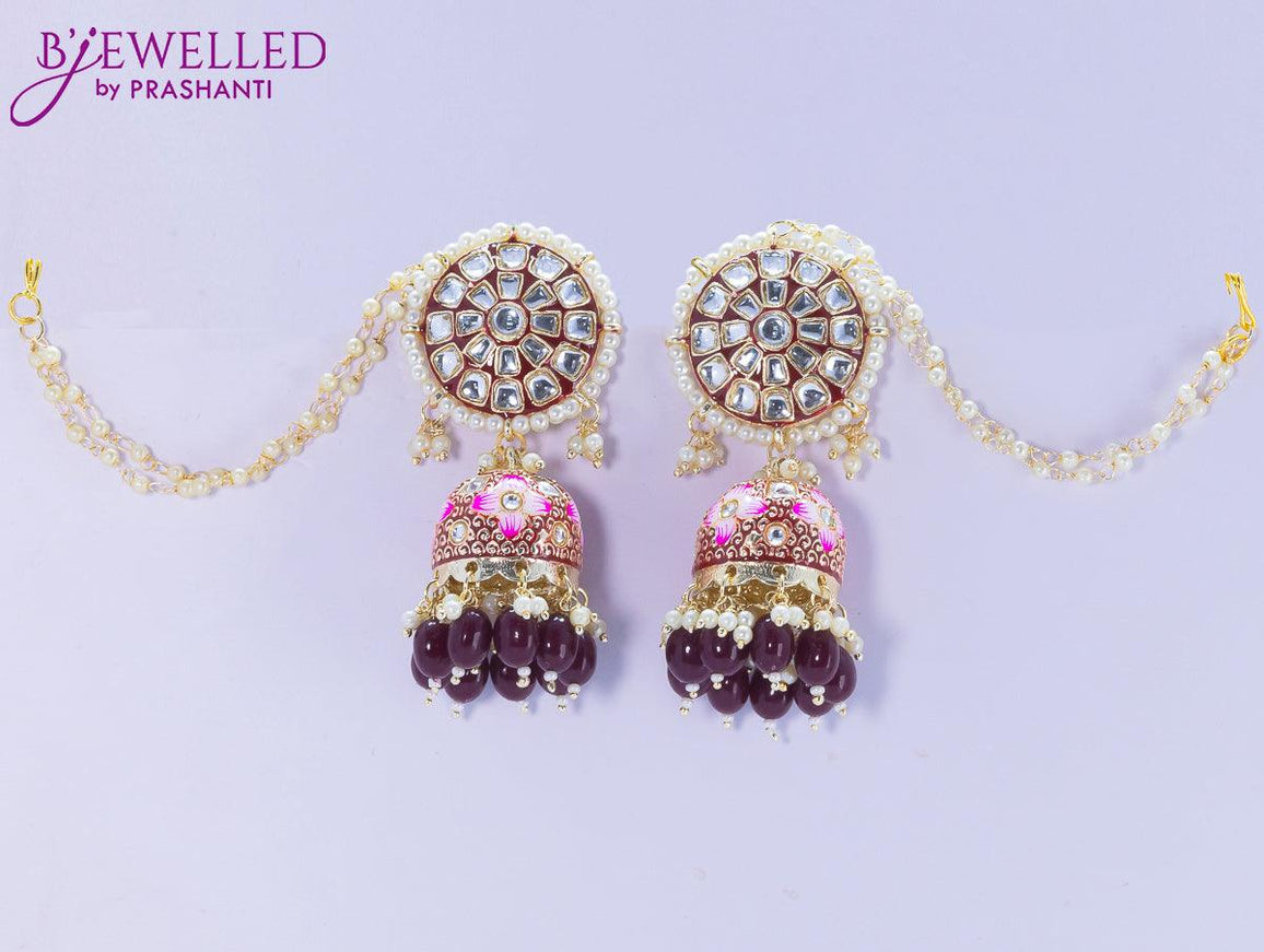 Dangler jhumkas floral design with maroon bead hangings and pearl maatal - {{ collection.title }} by Prashanti Sarees