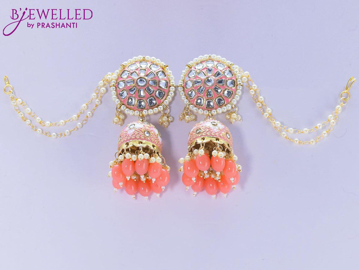 Dangler jhumkas floral design with peach bead hangings and pearl maatal - {{ collection.title }} by Prashanti Sarees