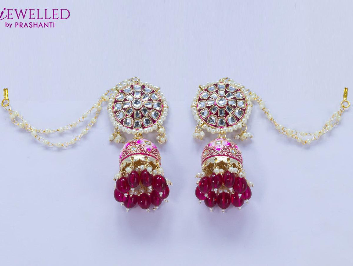 Dangler jhumkas floral design with pink bead hangings and pearl maatal - {{ collection.title }} by Prashanti Sarees