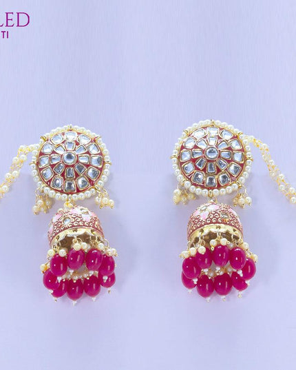 Dangler jhumkas floral design with pink bead hangings and pearl maatal - {{ collection.title }} by Prashanti Sarees