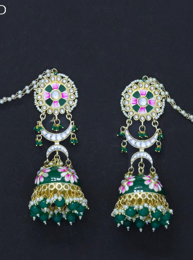 Dangler jhumkas green with hangings and pearl maatal - {{ collection.title }} by Prashanti Sarees