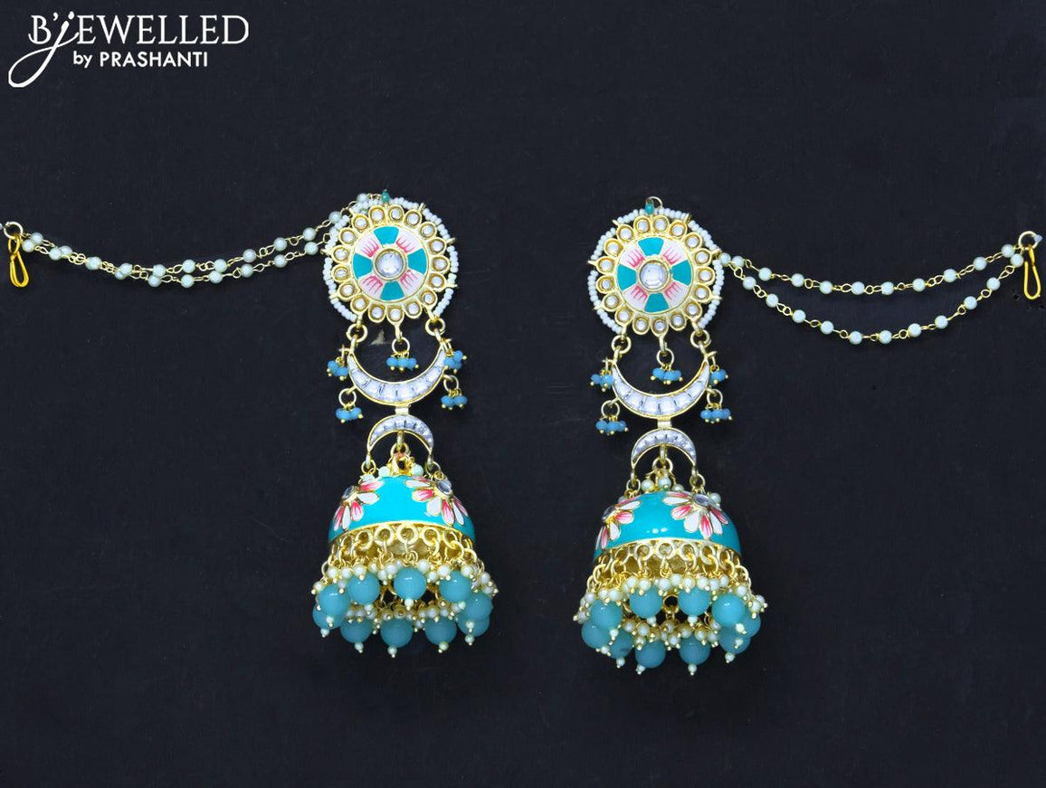 Dangler jhumkas light blue with hangings and pearl maatal - {{ collection.title }} by Prashanti Sarees