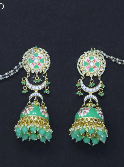 Dangler jhumkas light green with hangings and pearl maatal - {{ collection.title }} by Prashanti Sarees