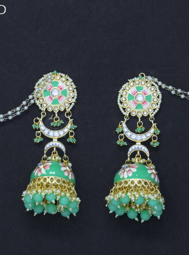 Dangler jhumkas light green with hangings and pearl maatal - {{ collection.title }} by Prashanti Sarees