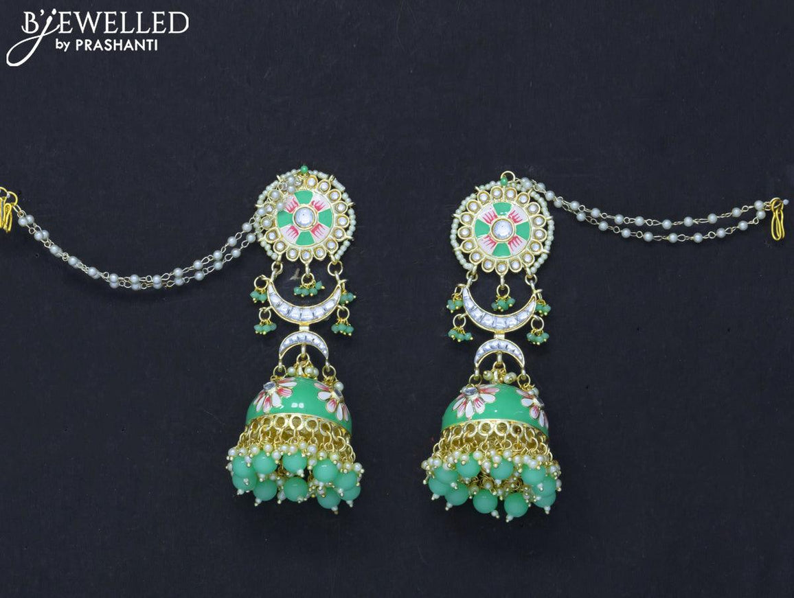 Dangler jhumkas light green with hangings and pearl maatal - {{ collection.title }} by Prashanti Sarees