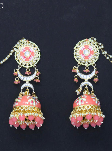 Dangler jhumkas peach with hangings and pearl maatal - {{ collection.title }} by Prashanti Sarees