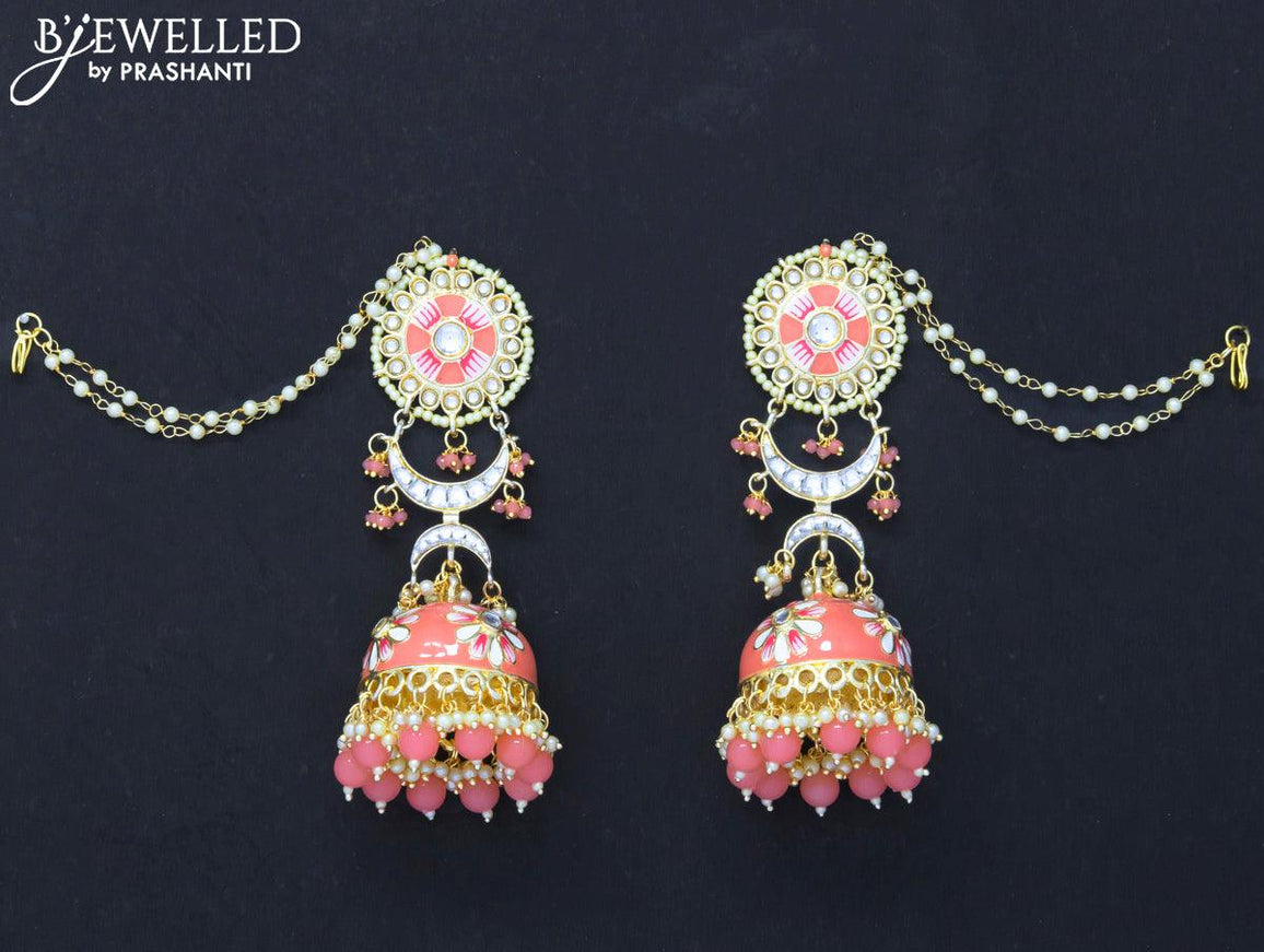 Dangler jhumkas peach with hangings and pearl maatal - {{ collection.title }} by Prashanti Sarees