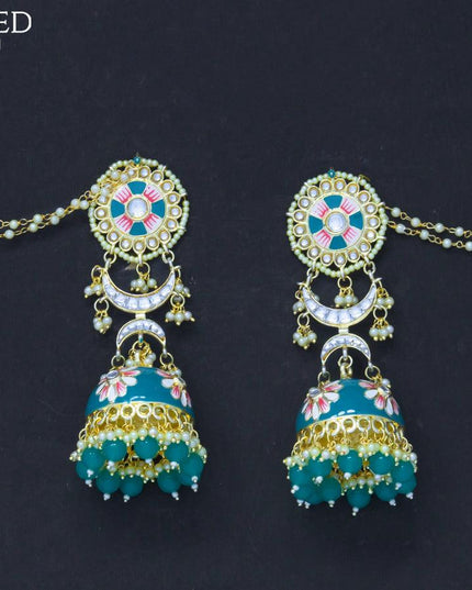 Dangler jhumkas peacock blue with hangings and pearl maatal - {{ collection.title }} by Prashanti Sarees