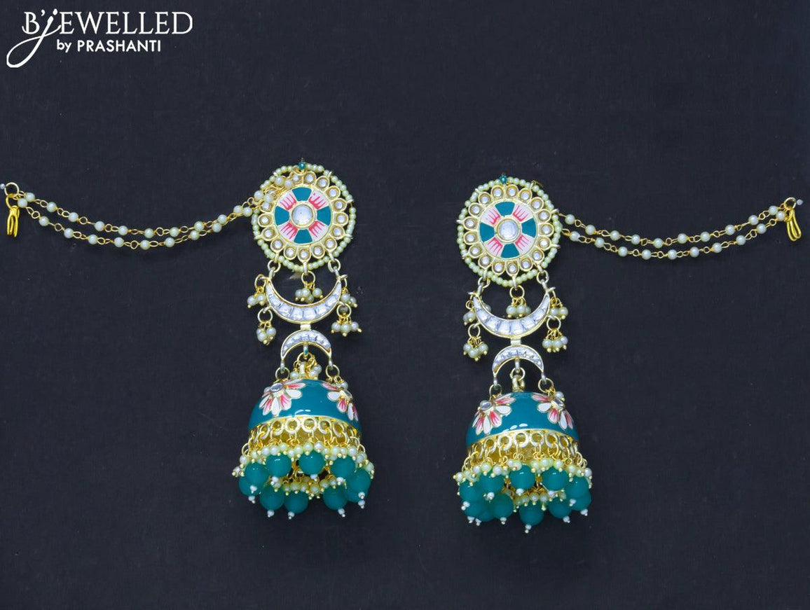 Dangler jhumkas peacock blue with hangings and pearl maatal - {{ collection.title }} by Prashanti Sarees