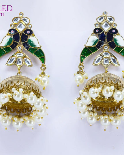 Dangler jhumkas peacock design with green bead hangings - {{ collection.title }} by Prashanti Sarees