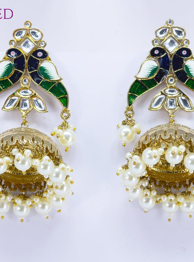 Dangler jhumkas peacock design with green bead hangings - {{ collection.title }} by Prashanti Sarees