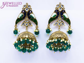 Dangler jhumkas peacock design with green bead hangings