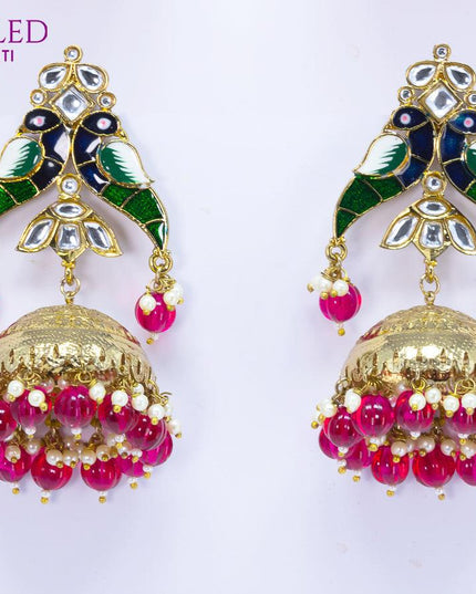Dangler jhumkas peacock design with pink bead hangings - {{ collection.title }} by Prashanti Sarees