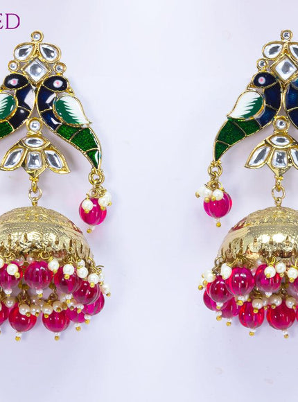 Dangler jhumkas peacock design with pink bead hangings - {{ collection.title }} by Prashanti Sarees