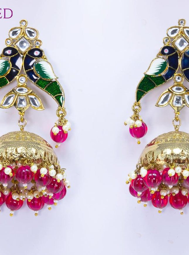 Dangler jhumkas peacock design with pink bead hangings - {{ collection.title }} by Prashanti Sarees