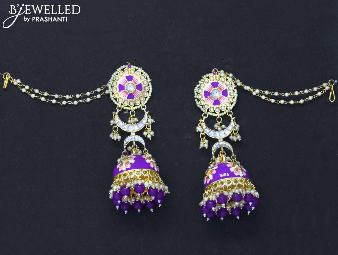 Dangler jhumkas violet with hangings and pearl maatal - {{ collection.title }} by Prashanti Sarees