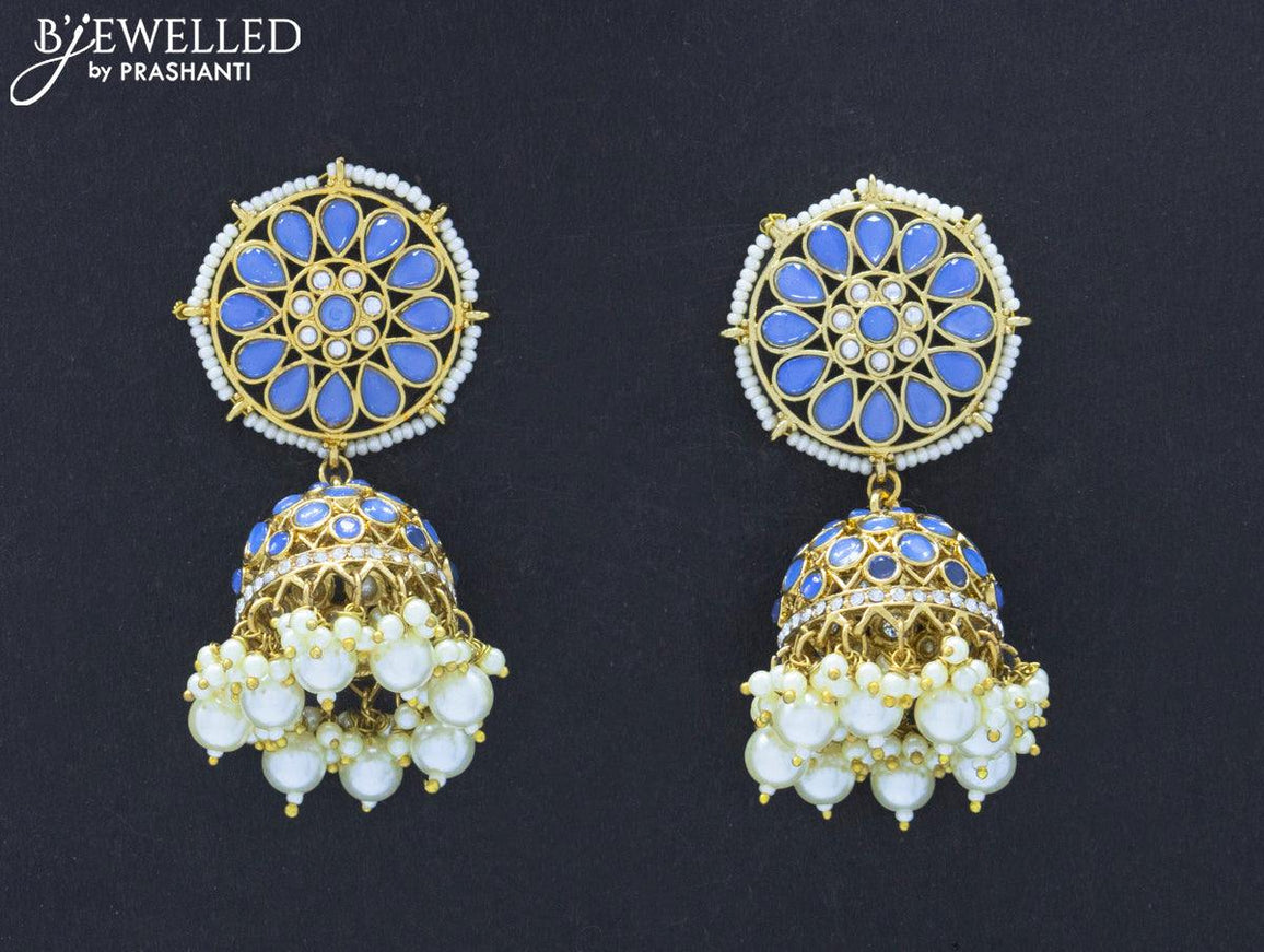 Dangler jhumkas with blue stone and pearl hangings - {{ collection.title }} by Prashanti Sarees