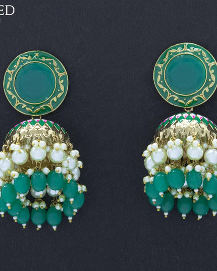 Dangler jhumkas with green stone and hangings - {{ collection.title }} by Prashanti Sarees
