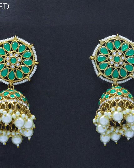Dangler jhumkas with green stone and pearl hangings - {{ collection.title }} by Prashanti Sarees