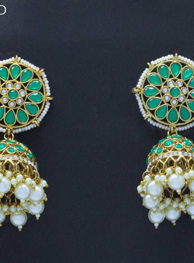 Dangler jhumkas with green stone and pearl hangings - {{ collection.title }} by Prashanti Sarees