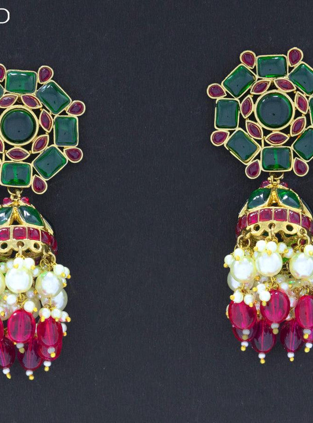 Dangler jhumkas with kemp stone and hangings - {{ collection.title }} by Prashanti Sarees