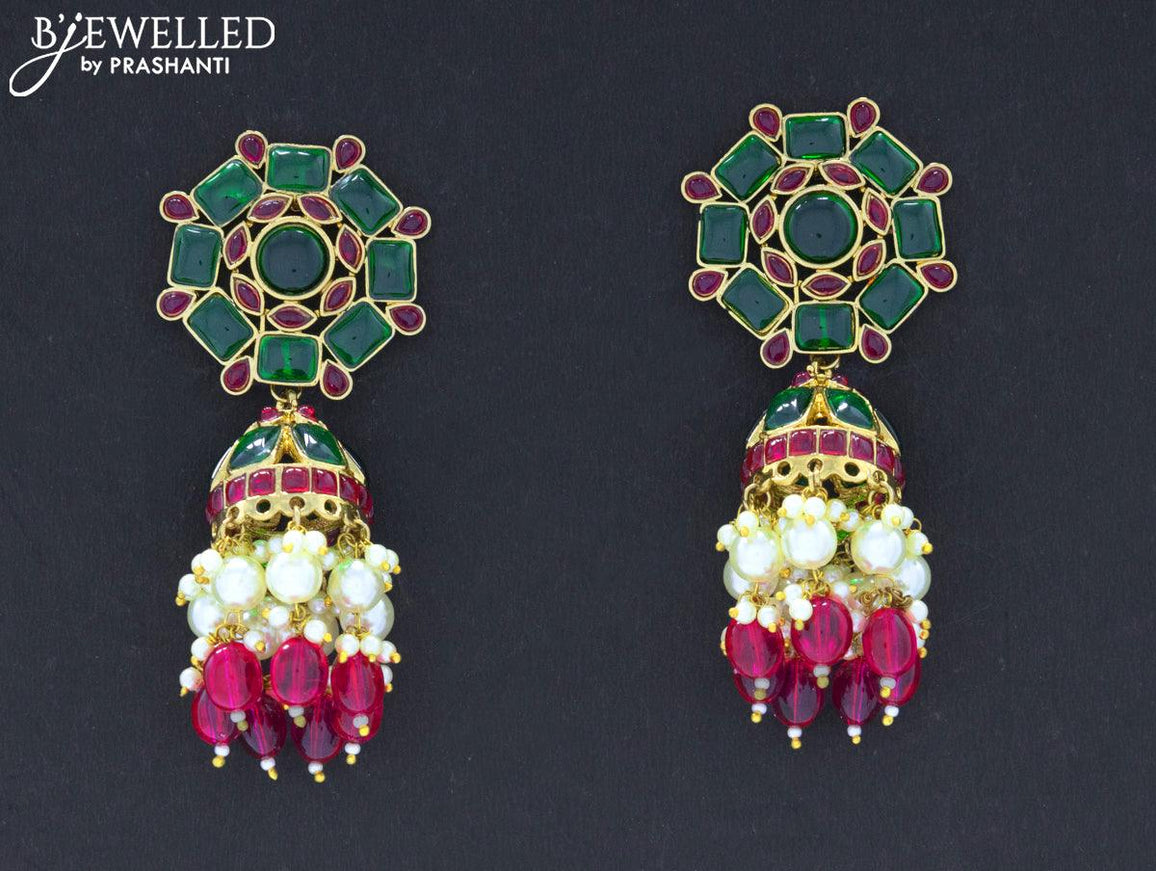 Dangler jhumkas with kemp stone and hangings - {{ collection.title }} by Prashanti Sarees