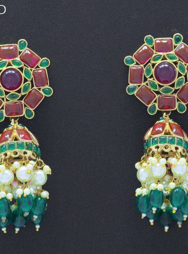 Dangler jhumkas with kemp stone and hangings - {{ collection.title }} by Prashanti Sarees