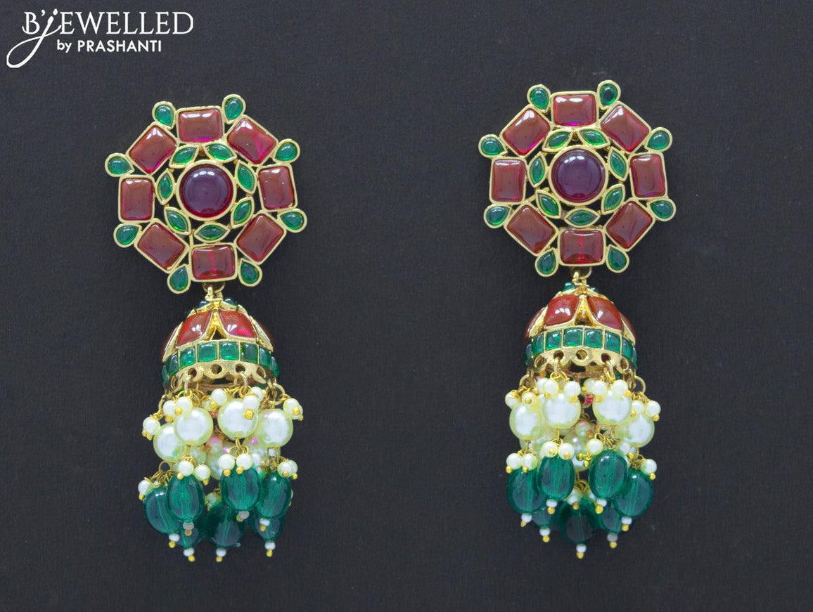 Dangler jhumkas with kemp stone and hangings - {{ collection.title }} by Prashanti Sarees