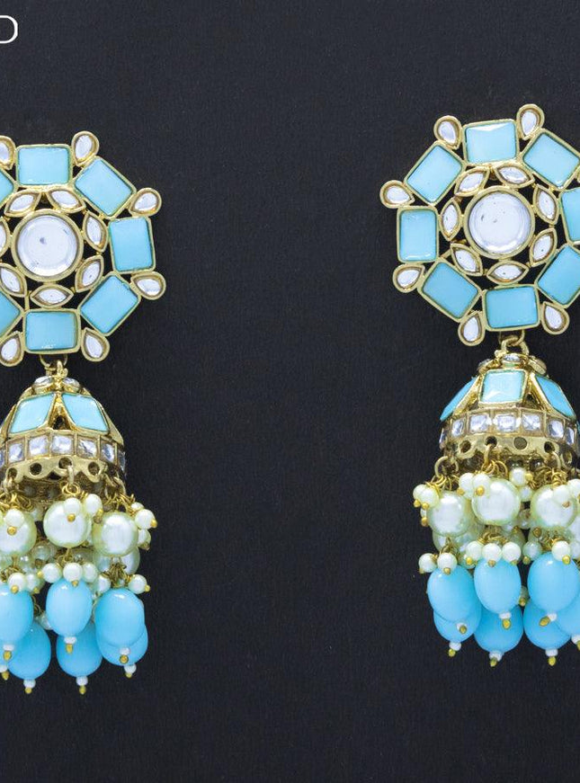 Dangler jhumkas with light blue stone and hangings - {{ collection.title }} by Prashanti Sarees